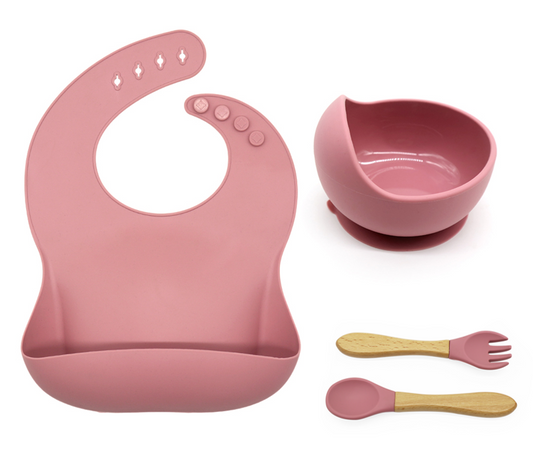 Silicone suction bowl and bib with spoon and Fork - Dark Pink