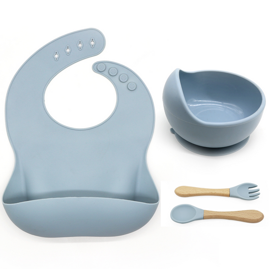 Silicone Suction bowl and bib with spoon and fork - Dusty Blue