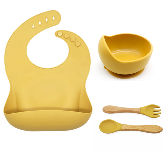 Silicone Suction bowl and bib with spoon and fork - Mango