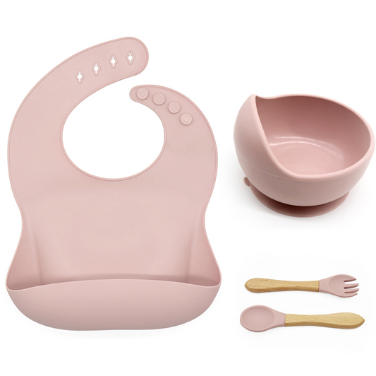 Silicone suction bowl and bib with spoon and Fork - Dark Pink