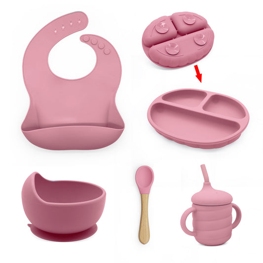 Silicone Suction Feeding Baby Set 6 Pieces- Dark Pink