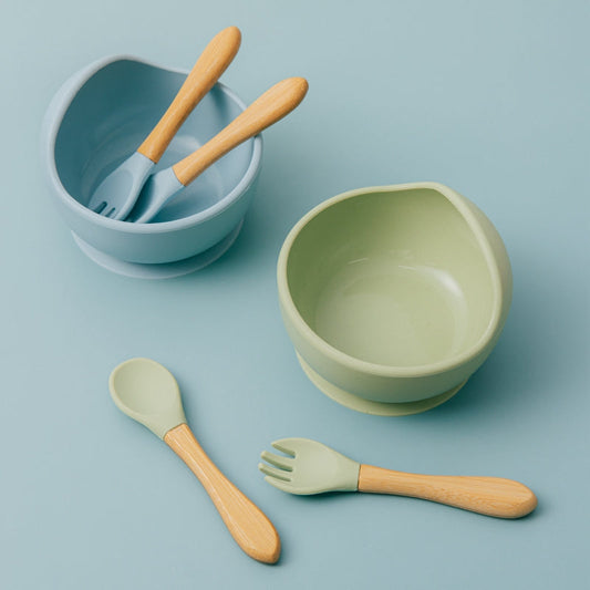 Silicone Suction Bowl with Spoon & Fork - Grey