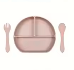 Silicone suction plate with spoon & fork  - light pink