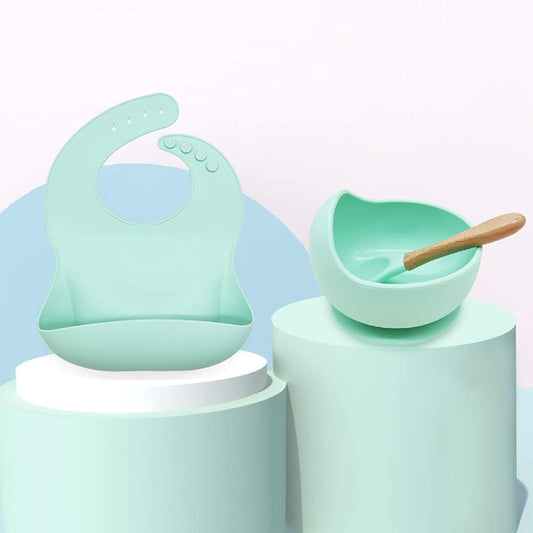 Silicone Suction bowl and bib with spoon and fork - Mint Green