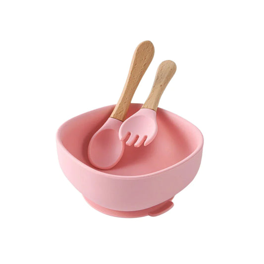 Silicone Bowl with Spoon & Fork - Neon Pink